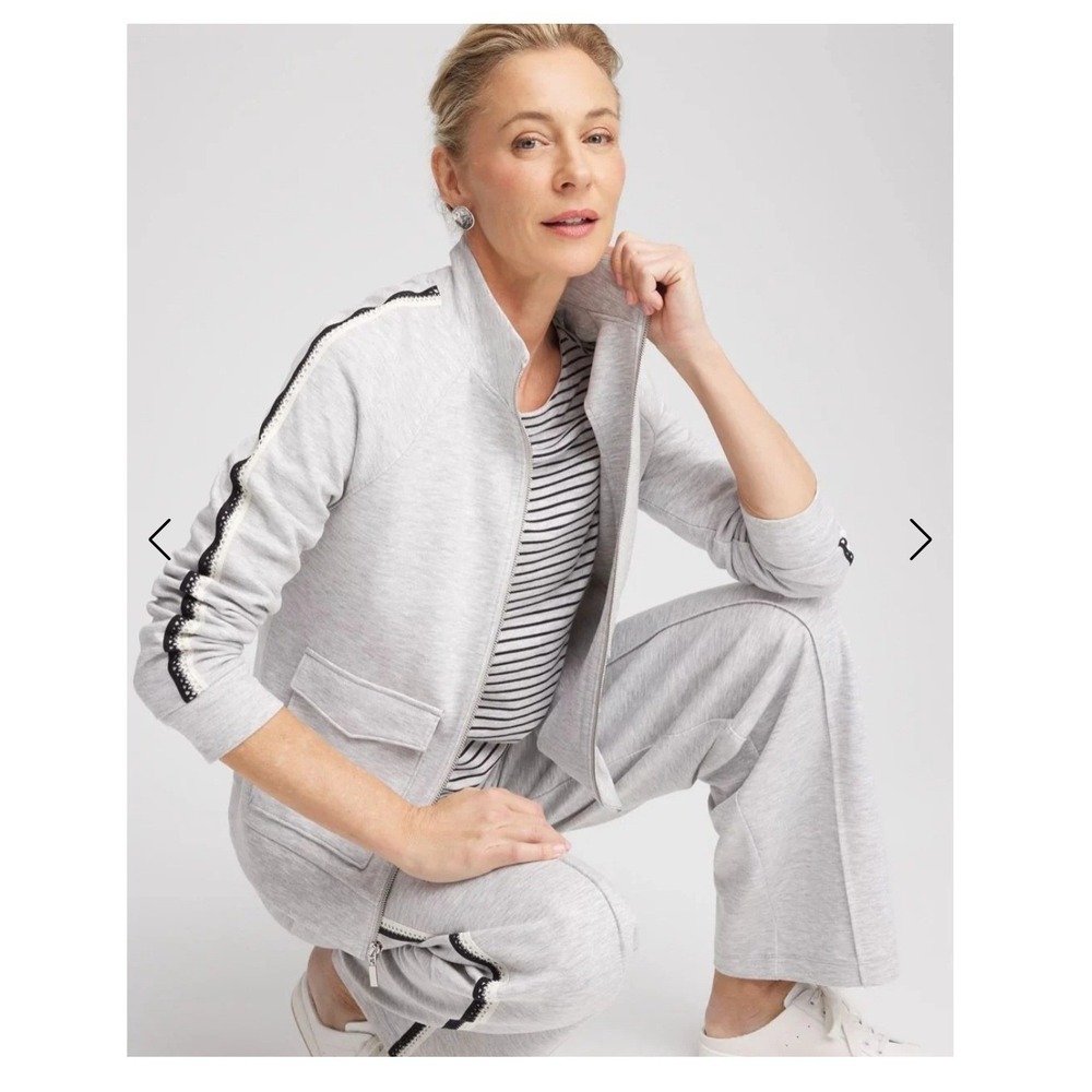 Chicos Zenergy Double Knit Lattice Trim Tracksuit Set Gray Jacket Pants Size 1 M